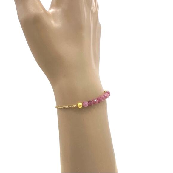 Pink tourmaline bracelet gold plated slider chain adjustable fits all sizes - Picture 3 of 3